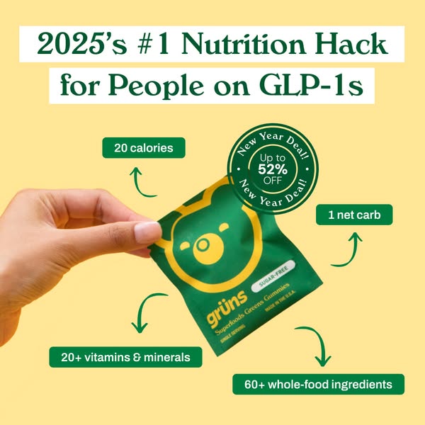 The ad features a hand holding a green packet of 'grüns' gummies against a light yellow background. The packet, with a bear-shaped design, is the focal point, with text highlighting the product's benefits, such as '20 calories', '1 net carb', '20+ vitamins & minerals', and '60+ whole-food ingredients'. A circular badge on the right indicates a 'New Year Deal' with up to '52% OFF'. The layout is clean and informative, using arrows to connect the product to its nutritional advantages. The overall composition is designed to attract attention with its vibrant colors and clear presentation of health benefits.