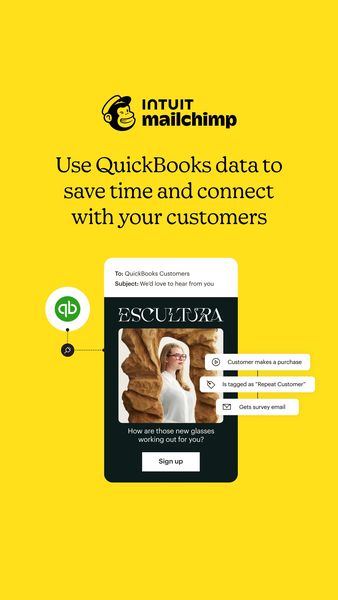 The ad features a yellow background with the Intuit Mailchimp logo and the tagline "Use QuickBooks data to save time and connect with your customers". A mock email from a customer to "QuickBooks customers" is displayed within a phone-like frame. The email subject is "We'd love to hear from you". Beneath the email simulated user interactions are provided.