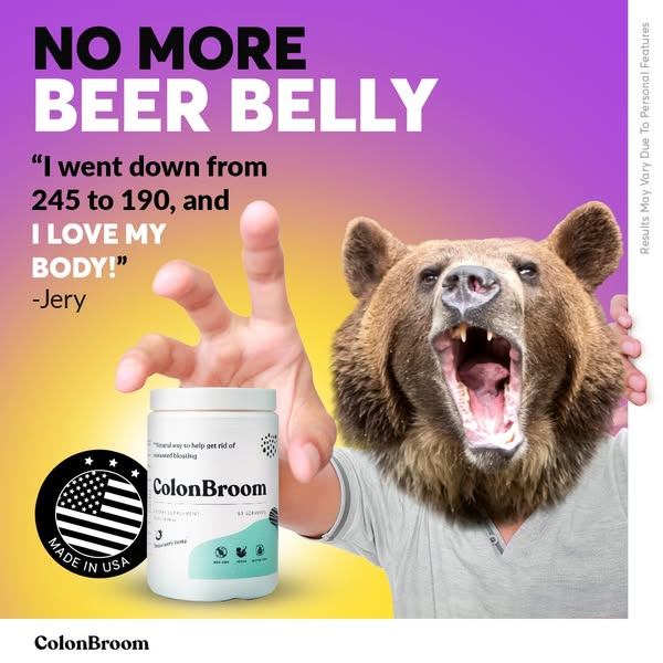 The ad features a person's outstretched hand reaching towards the viewer. The hand is superimposed over a bear's head and is holding a supplement container. Text is displayed in bold fonts. The background transitions from purple to yellow.