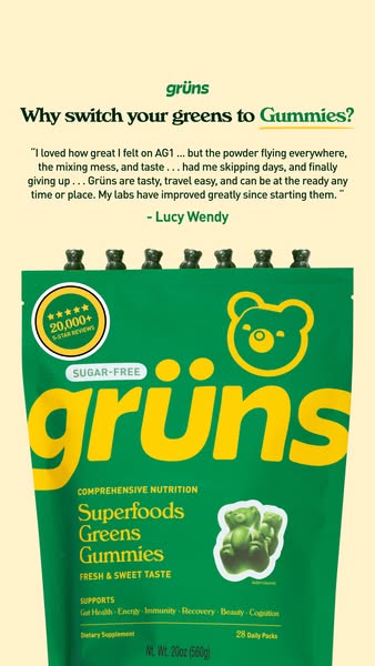 The ad features a green bag of gummy supplements with a gummy bear design. Above the bag, there are gummy bears arranged in a row. The text "Why switch your greens to Gummies?" is at the top. A customer testimonial is provided to highlight the product benefits. The bag has "sugar free" and a 5-star review badge as well as "Superfoods Greens Gummies".