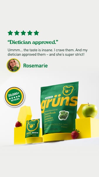 An advertisement featuring a bag and packets of gummy supplements displayed on bright yellow cubes, alongside fresh produce like a green apple and strawberries. A testimonial from a dietician, Rosemarie, is displayed, accompanied by a rating of five stars, and a sticker promoting 20,000+ reviews. The background is a clean white space.