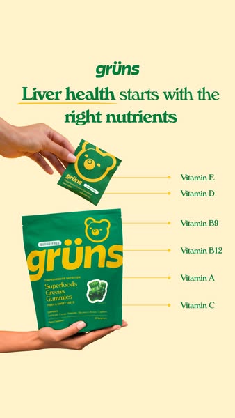 The ad shows two hands, one holding a small green packet and the other holding a large green bag of gummy supplements against a light yellow background. The small packet has a bear graphic on it and is being held to the side above the bag. The bag has the same bear graphic. The ad text is in dark green. The products are visually the main focus.