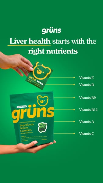 An ad showcasing a green background with the brand name at the top. The ad's focal point is a packet and a bag of green gummies. The headline emphasizes the role of nutrients in liver health. The text also lists vitamins. A hand is holding the packet of gummies, and another is holding the bag of gummies. All text is shown in white.
