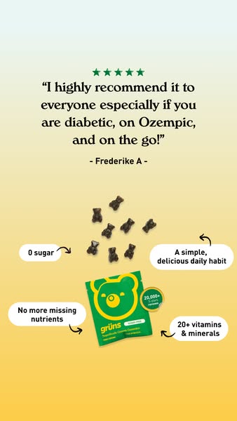 An advertisement featuring a product in the form of bear-shaped gummies. The ad prominently displays a customer testimonial with a five-star rating. The text mentions that the product is suitable for individuals with diabetes and those using Ozempic. The ad highlights key benefits like '0 sugar', 'No more missing nutrients', 'A simple, delicious daily habit', and '20+ vitamins & minerals'. The product appears in a green packet labeled with a playful bear logo surrounded by gummies, and the background is composed of gradient of yellow and green.