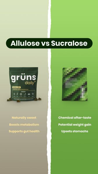 The ad is split vertically into two sections against a light green background. The left side displays a product package with a black label and green accents, along with several dark brown granules scattered nearby. The right side has a pixelated image of a similar package in green. The headline 'Allulose vs Sucralose' is at the top in white font on a dark green banner. Below the product images are lists of bullet points comparing each option, highlighting the benefits of allulose on the left and the negative impacts of sucralose on the right.