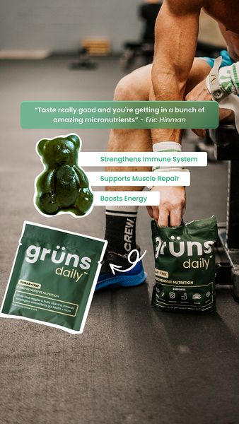 The image showcases a person in workout clothes. A dark green gummy bear-shaped health supplement is displayed, along with two packages of "grüns daily" supplements. The text overlays highlight immune system strengthening, muscle repair support, and energy boosting. A quote is featured at the top. The overall composition suggests a focus on health and wellness, with the supplements being the central subject.