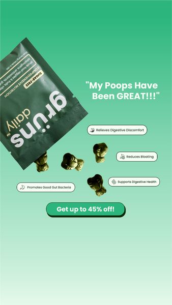 An ad for a dietary supplement featuring a product packet and gummy candies against a gradient green background. The packet is slightly tilted, appearing to pour out the gummies. Several gummies are scattered around the packet. Text highlights benefits such as digestive comfort and reduced bloating, with an offer for 'up to 45% off!' 