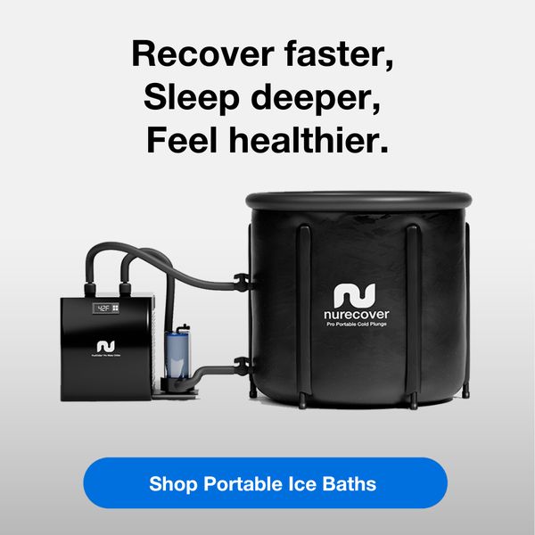 The ad features a black portable ice bath with attached equipment against a white background. Text at the top reads, 'Recover faster, Sleep deeper, Feel healthier'. A blue button at the bottom says 'Shop Portable Ice Baths'. The ice bath unit has a logo on it.  The layout is clean and product-focused.