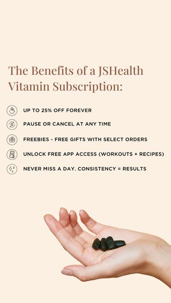 The ad presents a vertical layout with a light beige background. The text "The Benefits of a Vitamin Subscription:" is displayed at the top in a dark brown, elegant font. Beneath the title, a bulleted list outlines the benefits: up to 25% off, pause or cancel any time, free gifts, free app access, and consistency equals results. Each bullet point is accompanied by a related icon. At the bottom of the ad, a person's hand is shown holding a few dark vitamin pills, with the pills in focus.