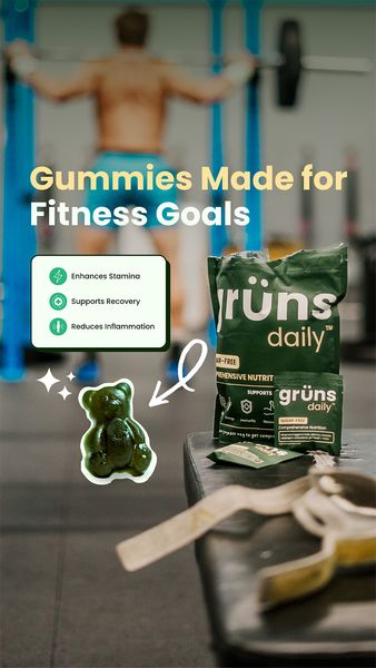 The ad showcases a vibrant graphic design with a fitness theme. In the background, a blurred image of a person exercising with weights sets a dynamic tone. In the foreground, a gummy bear in the shape of a bear, along with several packs of product. Text overlays highlight that the gummies are made for fitness goals, and mentions benefits like enhanced stamina and reduces inflammation. The branding is eye-catching, with the products prominently displayed to convey a clear and concise message focused on the product's effectiveness and benefits.