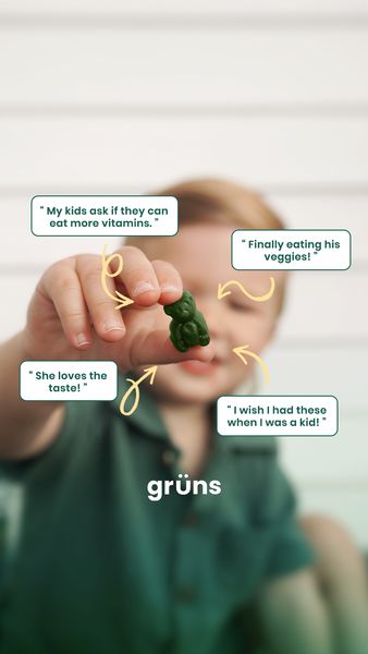 An advertisement shows a child holding a green gummy bear candy, which is a product from a company, with four callout bubbles surrounding the child. Each bubble contains a quote such as, "My kids ask if they can eat more vitamins."