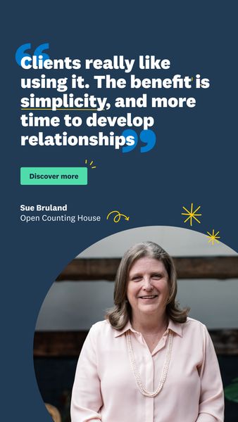 The ad has a dark blue background with white text. The text includes a quote from Sue Bruland, who is also pictured, on the importance of simplicity and more time to develop relationships, and the benefits clients enjoy. To the left of the text is a large quotation mark, and there is a smaller quotation mark to the right. Below the quote, on a green button, is the text "Discover more". Below the quote is the name and company title of the individual who is giving the quote. The image in the ad is of a smiling woman, likely Sue Bruland, in front of an out-of-focus background. There are two yellow starbursts in the upper and lower right corner of the ad.