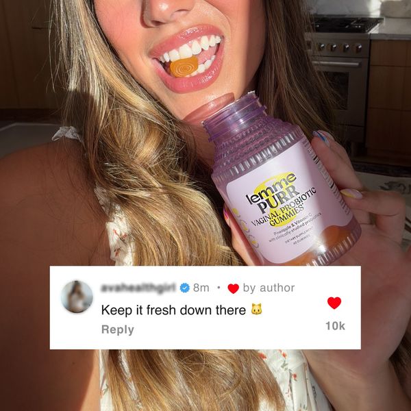 A close-up shot features a woman holding a bottle of pink and white gummy vitamins in one hand and a gummy in her mouth. The woman is smiling, and the focus is on the product and the woman's expression. The background is blurred. Overlayed is a screenshot of an Instagram post with a person's comment and a like count.