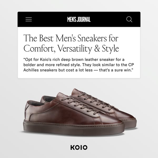 The ad features a pair of stylish brown leather sneakers, presented against a clean white background. The layout is visually appealing with a headline that reads "The Best Men's Sneakers for Comfort, Versatility & Style". Below this, there is a quote describing the sneakers as rich and refined. At the bottom, the brand is displayed.