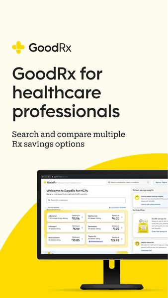 An advertisement promoting GoodRx for healthcare professionals, the ad features a screen image of the tool. On a cream-colored background, the upper section displays the GoodRx logo and the text "GoodRx for healthcare professionals." Beneath this, it reads "Search and compare multiple Rx savings options." The screen shows the GoodRx interface, with fields for medication searches and potential savings. The bottom has a yellow gradient