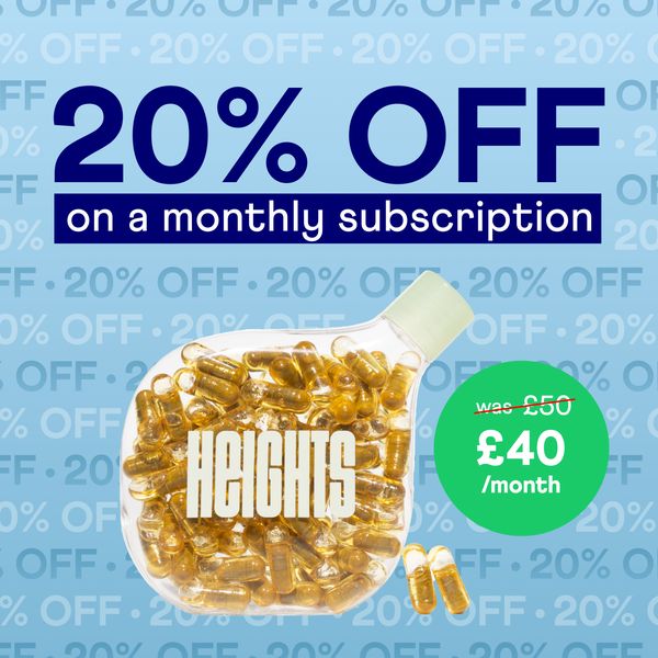 An advertisement promoting a 20% off discount on a monthly subscription of nutritional supplements. The ad features a light blue background scattered with the text "20% OFF." In the center, there's a large bottle-shaped graphic filled with yellow capsules. The text "20% OFF" is highlighted prominently. Underneath, it states "on a monthly subscription." On the right side, a green circle highlights the price change from £50 to £40 per month. The overall composition aims to attract attention through a straightforward offer.