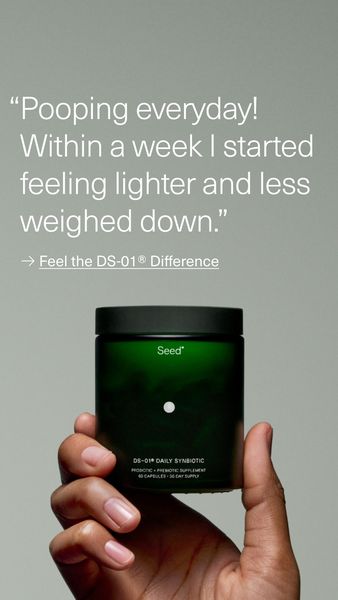 The ad features a close-up shot of a hand holding a dark green cylindrical supplement bottle against a gray background. The bottle has a white dot and the brand name at the top. The text overlay includes a customer testimonial about the product's effectiveness, emphasizing the feeling of reduced weight and improved daily regularity. The layout is clean and modern, aiming to convey a sense of health and well-being. The hand holding the bottle adds a personal and relatable touch.