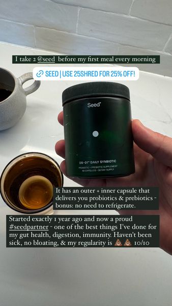 A photograph shows a product shot of a dark green supplement bottle held in a person's hand, with a cup of coffee and a smaller glass with liquid visible. The bottle is labeled with the brand and product information. Text overlays provide information about the product, a discount code, and a personal testimonial. The layout is simple, with text blocks positioned above and below the product.