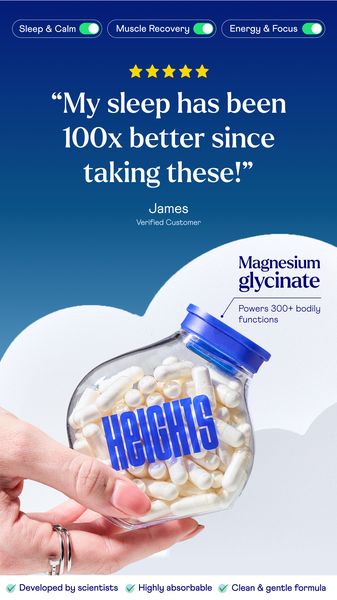 The ad features a hand holding a transparent bottle filled with white capsules, with the brand name 'HEIGHTS' prominently displayed in large blue letters. Below the bottle, there an image of the hand, is a white text testimonial framed by star ratings, above the jar. The background shifts from a dark blue at the top to a lighter blue, creating a gradient effect. Text around the bottle highlights its function and benefits. At the bottom, there are three green checkmarks next to benefit claims.