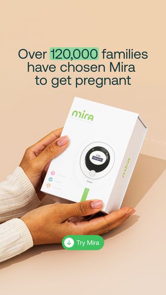 The image is a visually appealing ad promoting a fertility product. It features a white box with a digital display and a circular device held in the hands of a person with brown skin. The text emphasizes the number of families that have used the product to get pregnant. The overall composition is clean, with soft, warm lighting and a simple background. A call-to-action button at the bottom encourages viewers to try the product.