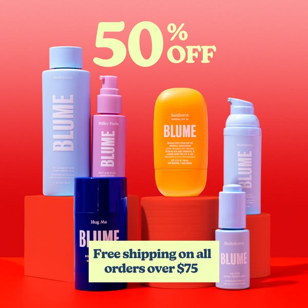 The ad showcases various skincare and beauty products arranged on red blocks against a red gradient background. The products are displayed in a visually appealing way. '50% OFF' is prominently displayed at the top, indicating a sale, and 'Free shipping on all orders over $75' is mentioned at the bottom. The overall composition is clean and designed to draw attention to the products.