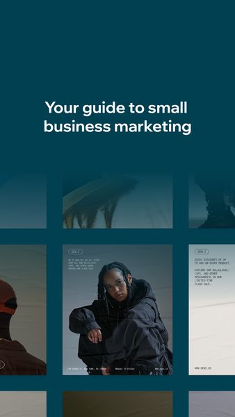 The ad features a teal background with white text that says, "Your guide to small business marketing." It is divided into multiple sections and visual stories.