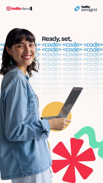 An ad features a smiling woman holding a laptop. Text overlay says "Ready, set". There is a background of code symbols and colorful shapes.