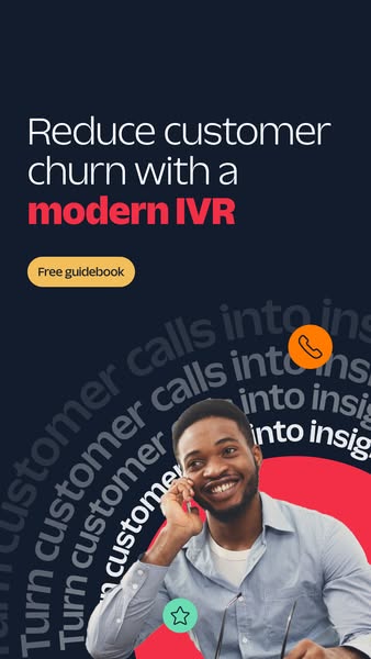 The ad has a dark blue background with text and an image. The ad's text states, "Reduce customer churn with a modern IVR."