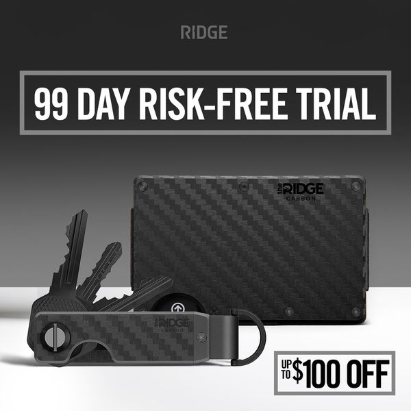 The ad displays a product shot of a black carbon fiber wallet and keys organizer. A banner at the top reads "99 Day Risk-Free Trial". Below, a dark key organizer and a wallet are displayed.  The overall composition is clean, modern, and highlights the product's design and special offer. A text box in the bottom right corner reads "Up to $100 OFF". The background is a gradient of dark gray.