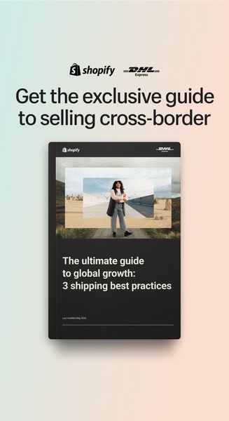 The ad features a black ebook cover with a title and a central image of a woman standing outdoors. The title reads: 'The ultimate guide to global growth: 3 shipping best practices'. Above the cover, there's text and logos for partnering brands.