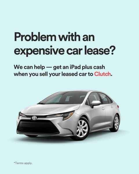 An advertisement against a light blue background. The ad features a car image towards the bottom, and text above. The text asks "Problem with an expensive car lease?" and then states "We can help - get an iPad plus cash when you sell your leased car to [Brand Name]". At the bottom of the advertisement the text "*Terms apply." is shown.