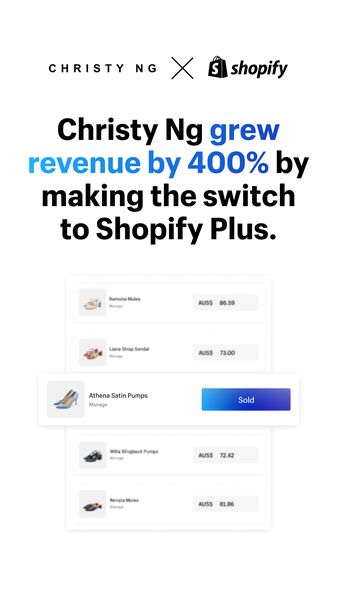 The ad is a vertical graphic featuring the logos of Christy Ng and Shopify. Text stating that Christy Ng increased revenue by 400% by switching to Shopify Plus is placed in the center. Below are screenshots of shoe product listings, one marked as 'Sold'. The background is simple white.