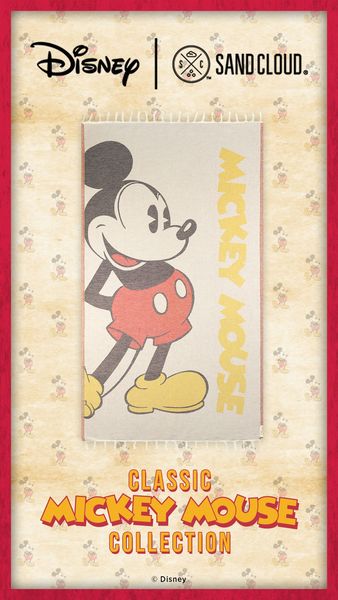 An advertisement features the iconic Mickey Mouse character. The image is a retro-style illustration of Mickey Mouse, prominently displayed on a cloth or towel. Mickey is depicted in his classic pose, side-facing, against a cream-colored background. Flanking Mickey are the words "Mickey Mouse" in yellow, and beneath Mickey, the text "CLASSIC MICKEY MOUSE COLLECTION" is displayed in a stylized yellow font with orange outlines. The background has a repeating Mickey Mouse icon pattern in a lighter shade, creating a subtle decorative effect. The borders are red, and the top has Disney and Sand Cloud logos. The bottom corners have the Disney copyright. 