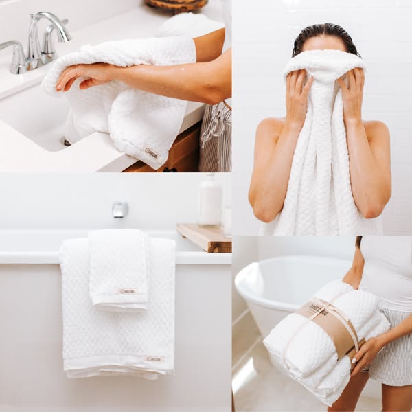 A four-panel image showcasing white towels. The top left panel depicts a person folding a towel over a white sink. The top right panel shows a person holding a towel to their face. The bottom left panel displays towels neatly arranged on a white bathtub. The bottom right panel features a person holding a stack of bundled towels.