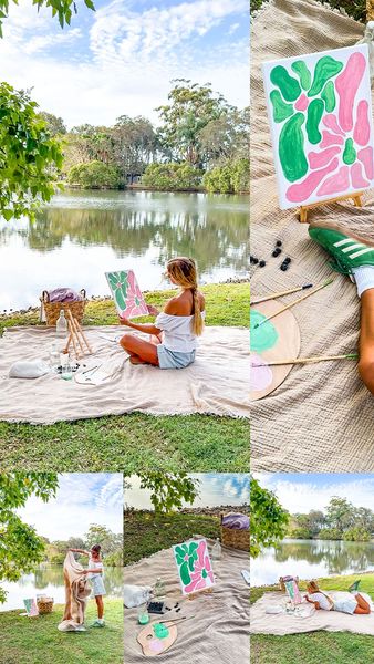 The ad showcases a multi-panel image featuring a woman painting outdoors by a lake, enjoying a picnic. The scene has a natural, and aesthetic vibe. The woman paints on a canvas with green and pink abstract shapes using a wooden easel, with paints and brushes by her side. The overall composition is bright and emphasizes a relaxing, creative lifestyle and outdoor activities.
