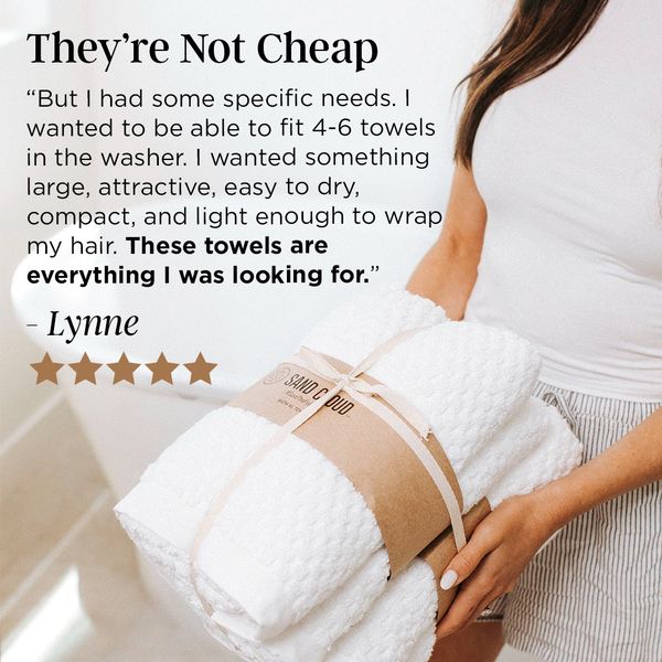 The ad promotes a set of white towels held by a woman. Text overlay reads "They're Not Cheap". The main text is a testimonial from a customer, Lynne, who praises the towels' quality and features. The towels are wrapped with brown craft paper and a ribbon, highlighting the brand.