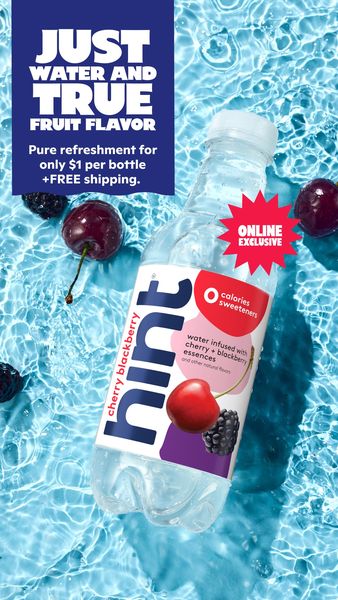 An image displaying a bottle of flavored water floating in water, surrounded by cherries and blackberries. The bottle is transparent and labeled with product information. Text on the image advertises the product as refreshing, with a low price point and free shipping. A blue background with water ripples complements the product presentation.