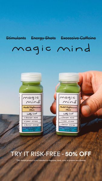 The ad displays two small, green-liquid bottles held between a hand and a wooden surface. The background is a gradient of blue hues. The ad copy includes product names, descriptions of the product's effects and pricing. The layout features a clear, direct message with a focus on the product and its benefits.