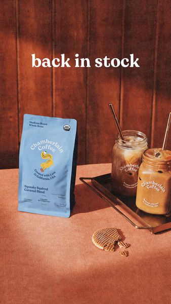 A vertical ad displaying a bag of coffee to the left, two coffee drinks in mason jars with metal straws in the center-right, and the text “back in stock” at the top. The bag of coffee is light blue with the brand logo, coffee type, origin and organic certification visible. The two jars contain coffee drinks of different shades of brown, with brand logos visible. The background is wood paneling. A metal tray and what appears to be a cookie are also present.