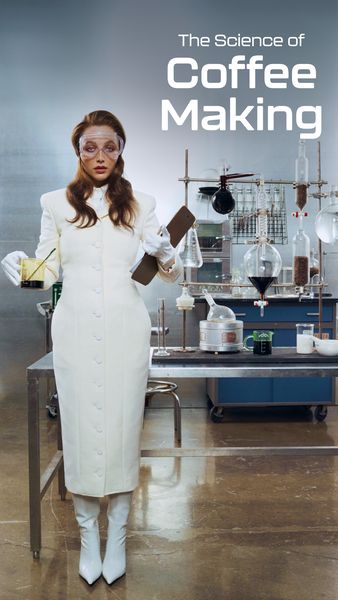 The image shows a woman dressed in a lab coat, safety glasses, and white boots posing next to a laboratory setup, with complex glassware and equipment. The background is a science lab setting. The text "The Science of Coffee Making" overlays the image. The overall composition combines scientific exploration with a focus on coffee.