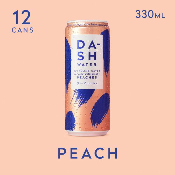 An advertisement showcasing a peach-flavored sparkling water can, the image is set against a light peach background. The can is the focal point, featuring a peach and dark blue brushstroke design. Text includes product details like 'Sparkling Water', 'infused with wonky Peaches' and '0 - Calories'. The overall layout is clean and modern, with the word 'PEACH' at the bottom, indicating the flavor.