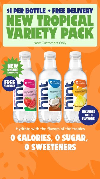 An ad for a variety pack of flavored water bottles. The ad features three bottles in a row, each with a different flavor: strawberry watermelon, coconut, and pineapple. Text at the top announces '$1 PER BOTTLE + FREE DELIVERY' and 'NEW TROPICAL VARIETY PACK'. Additional text highlights that this offer is for 'New Customers Only'. Below the bottles, it says 'Hydrate with the flavors of the tropics' and 'O CALORIES, O SUGAR, O SWEETENERS'. The background is a gradient of orange on an angle and the bottles are positioned on a white surface.