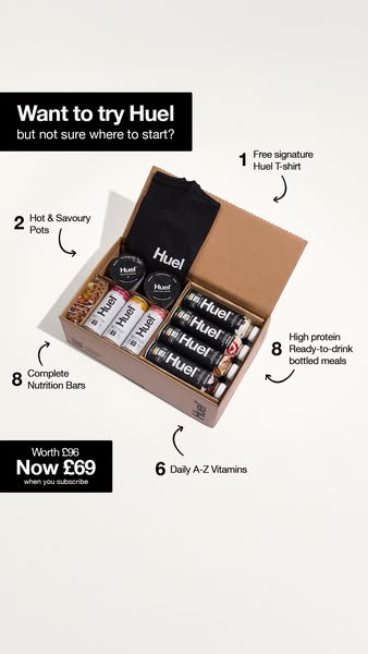 An advertisement showcasing a promotional offer for a nutrition brand. The ad features an open cardboard box filled with various products. A black t-shirt sits at the top. Labeled with numbers and arrows pointing to the products inside. In the  bottom-left corner, a box with 'Worth 96 Now 69 when you subscribe'. The background is white, with the advertisement taking up a smaller portion of it, with text at the top, the text says 'Want to try Huel but not sure where to start?