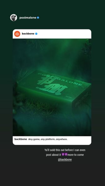 The ad features a glowing green box with the text 'POST MALONE' and 'BACKBONE' prominently displayed. It is presented within a social media story frame against a dark green background with some blurred forest foliage. The text content indicates an announcement about a limited offer.