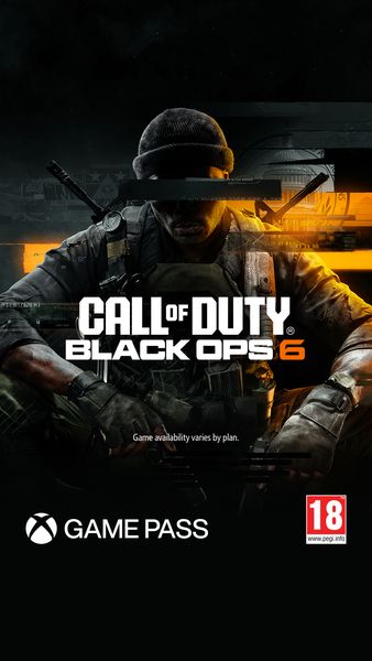 An advertisement features a dark, action-oriented graphic. The central figure is a person in tactical gear, with a focused gaze, and a black band obscuring the eyes. The game's logo is clearly displayed, along with the title 'CALL OF DUTY BLACK OPS 6'. Additional text indicates that Game availability varies by plan. Below, the Xbox Game Pass logo is visible, along with an age rating '18'. The background uses a dark, dramatic aesthetic, possibly suggesting a suspenseful game atmosphere.