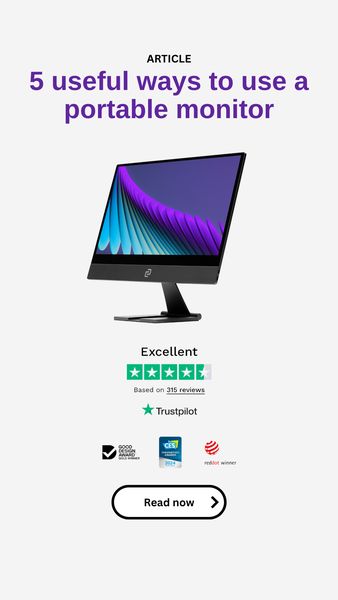 The ad features a modern, black portable monitor set against a light-gray background. Above the monitor, the text reads: 'ARTICLE' and '5 useful ways to use a portable monitor'. Below the monitor are star ratings and additional text: 'Excellent' followed by five stars, a line of text 'Based on 315 reviews', a Trustpilot badge and the words 'Trustpilot'. Below this are several award logos, and finally a call to action within a white rounded rectangle with the text 'Read now' and an arrow pointing right.