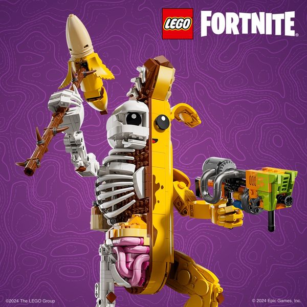 An artfully composed image featuring a LEGO model of a character, designed in the style of a banana, dissected to show internal organs and skeleton, holding weapons. The character is segmented to reveal the banana's insides and a skeleton. The character's left arm has a skeleton arm holding a weapon, a banana peel, and the right holds a large toy gun. The background is a solid purple field with a subtle topographic map pattern. The LEGO and FORTNITE logo are at the top in white, top right. The ad seems to promote a collaboration between the two.