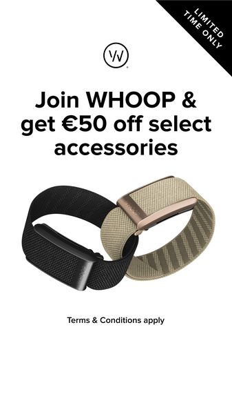 The ad features two smart bands, one black and one beige, displayed on a white background. The text overlay features the brand logo at the top with the text "Join & get €50 off select accessories." A black banner in the top right corner indicates "Limited Time Only". Text at the bottom reads "Terms & Conditions apply".
