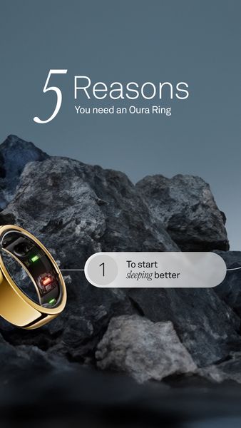 The image presents a sleek, gold-colored ring with a digital display, set against a backdrop of dark gray rock formations and a gradient blue-gray sky. The ring is the focal point, with a glowing screen that suggests its functionality. To the left, the ring is positioned prominently, showcasing its design. Overlaid on the background, large white numerals, with the number "5" at the top left, "5 Reasons" and the text "You need an Oura Ring" next to it. A circular box to the right of the ring contains the number 1 and the text "To start sleeping better".