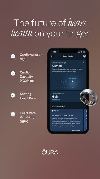 The advertisement showcases a smartphone displaying heart health metrics alongside an Oura ring. The top of the ad reads, "The future of heart health on your finger." Below, a mobile phone screen shows the Oura app interface with health information: Cardiovascular Age, Cardio Capacity, Resting Heart Rate, and Heart Rate Variability. The phone is positioned on a gradient background, with the Oura ring slightly overlapping the screen. The overall layout is sleek and modern, with a focus on showcasing health data.